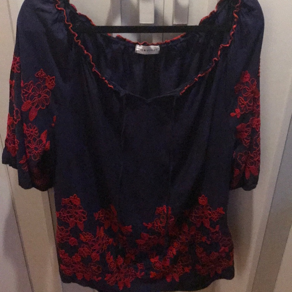 Embroidered royal blue with red flowers